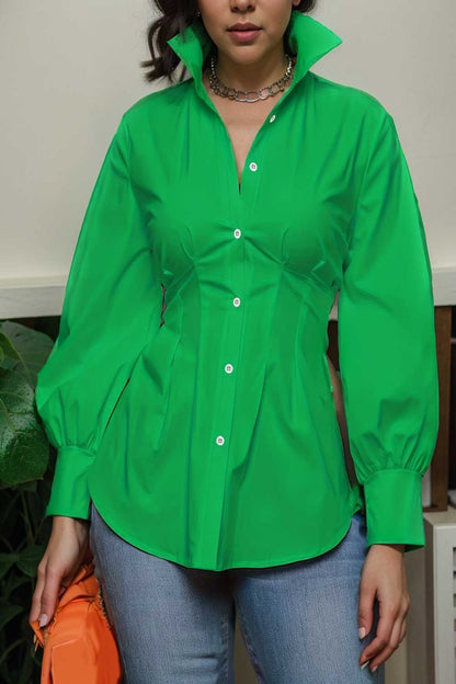 plus size casual blouse women s plus solid button up lantern sleeve turn down collar nipped waist blouse 112490