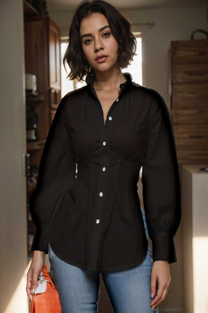 plus size casual blouse women s plus solid button up lantern sleeve turn down collar nipped waist blouse 107339