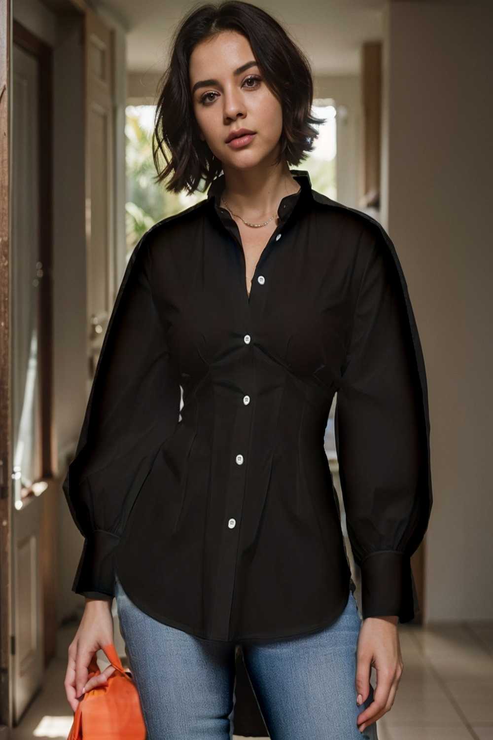 plus size casual blouse women s plus solid button up lantern sleeve turn down collar nipped waist blouse 108166