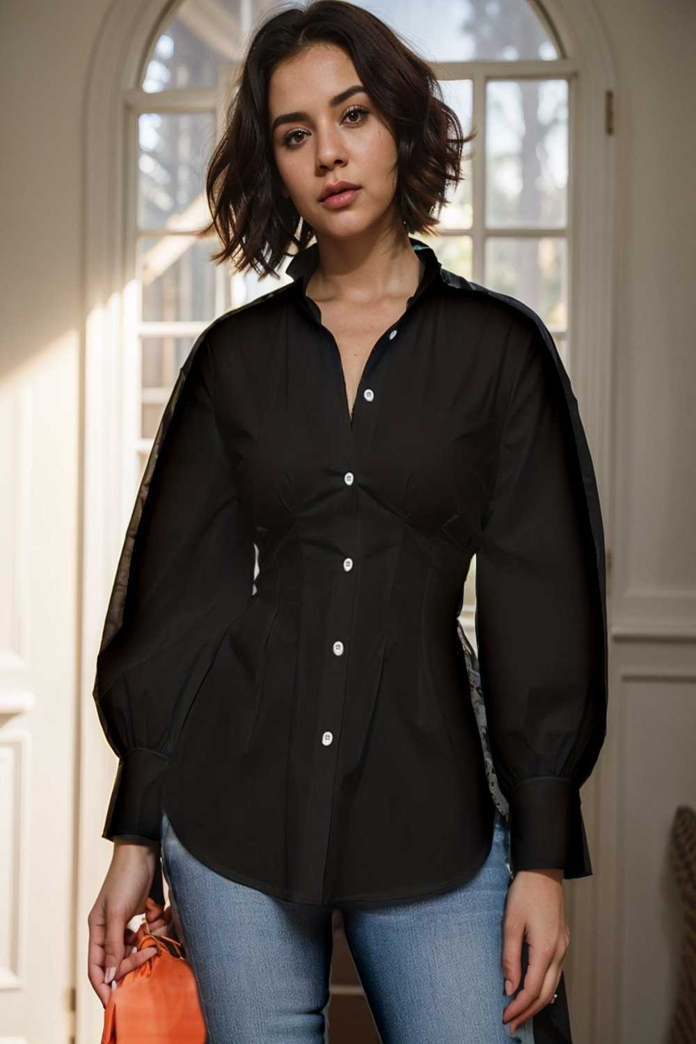 plus size casual blouse women s plus solid button up lantern sleeve turn down collar nipped waist blouse 107338