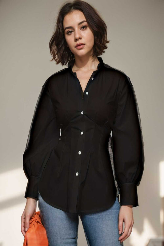 plus size casual blouse women s plus solid button up lantern sleeve turn down collar nipped waist blouse 108071