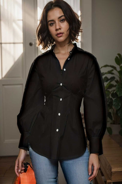 plus size casual blouse women s plus solid button up lantern sleeve turn down collar nipped waist blouse 112466