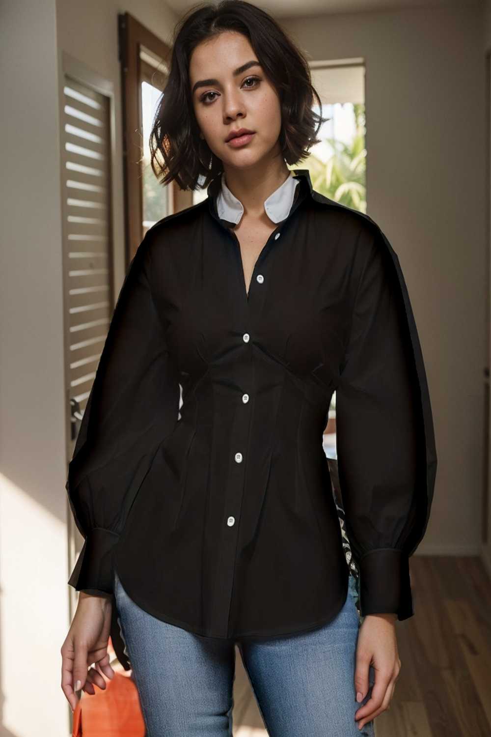 plus size casual blouse women s plus solid button up lantern sleeve turn down collar nipped waist blouse 122617