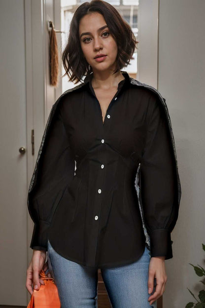 plus size casual blouse women s plus solid button up lantern sleeve turn down collar nipped waist blouse 111482