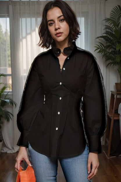 plus size casual blouse women s plus solid button up lantern sleeve turn down collar nipped waist blouse 112460