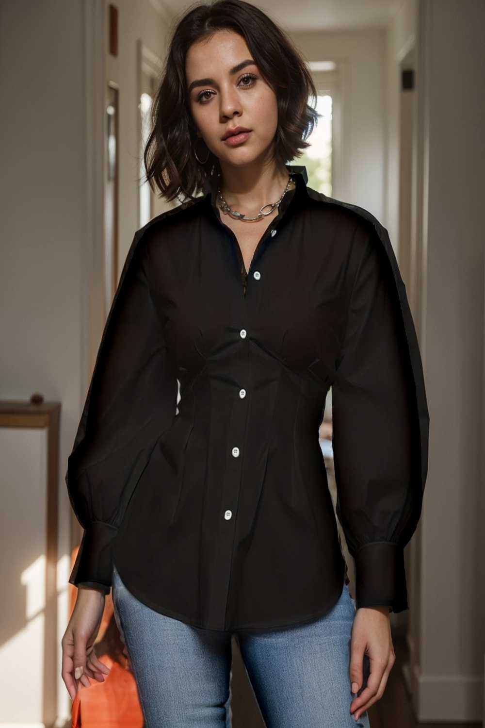 plus size casual blouse women s plus solid button up lantern sleeve turn down collar nipped waist blouse 112456