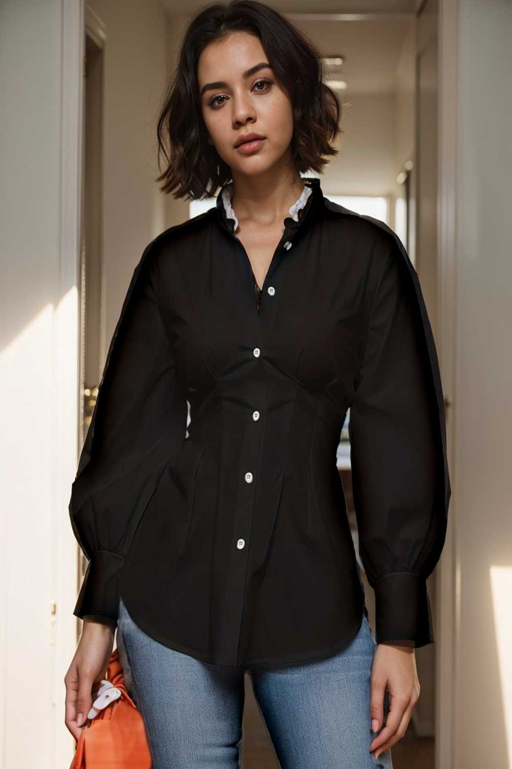 plus size casual blouse women s plus solid button up lantern sleeve turn down collar nipped waist blouse 112452