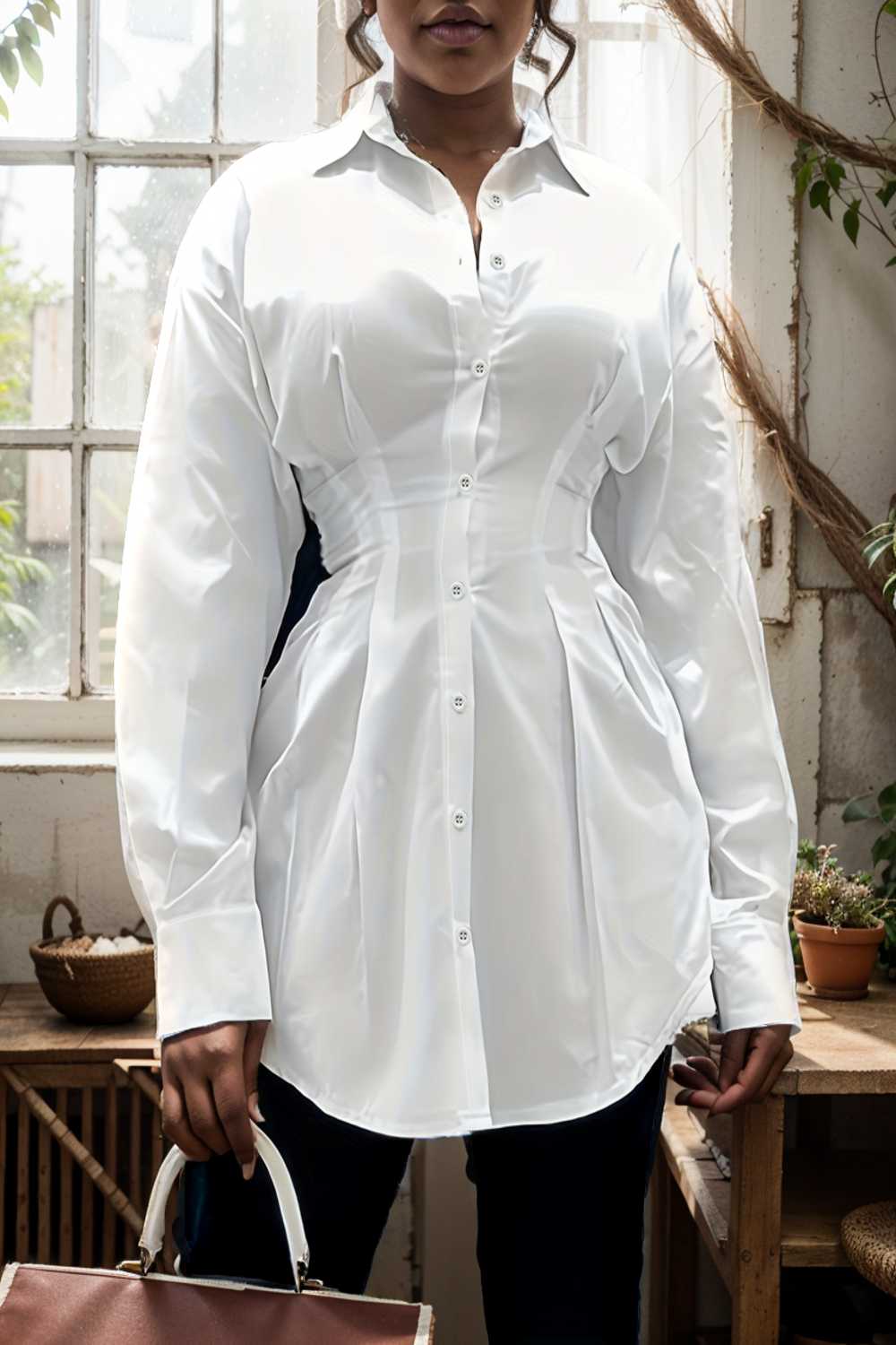 plus size casual blouse women s plus solid button up lantern sleeve turn down collar nipped waist blouse 122611