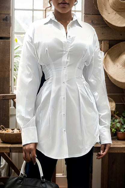 plus size casual blouse women s plus solid button up lantern sleeve turn down collar nipped waist blouse 108164