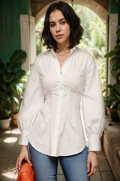 plus size casual blouse women s plus solid button up lantern sleeve turn down collar nipped waist blouse 112433