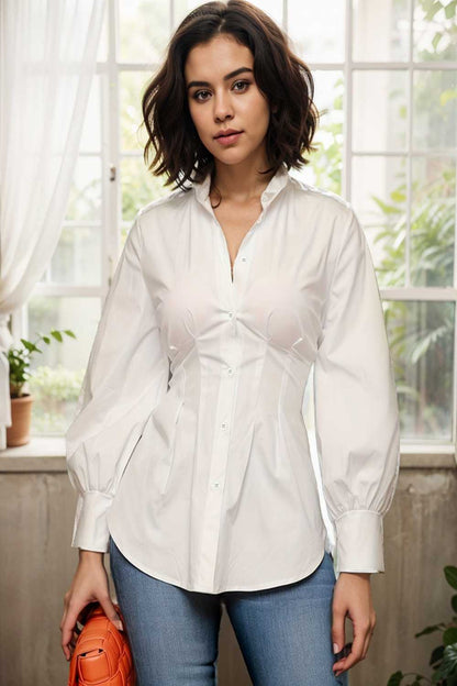 plus size casual blouse women s plus solid button up lantern sleeve turn down collar nipped waist blouse 122604