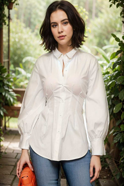 plus size casual blouse women s plus solid button up lantern sleeve turn down collar nipped waist blouse 112426