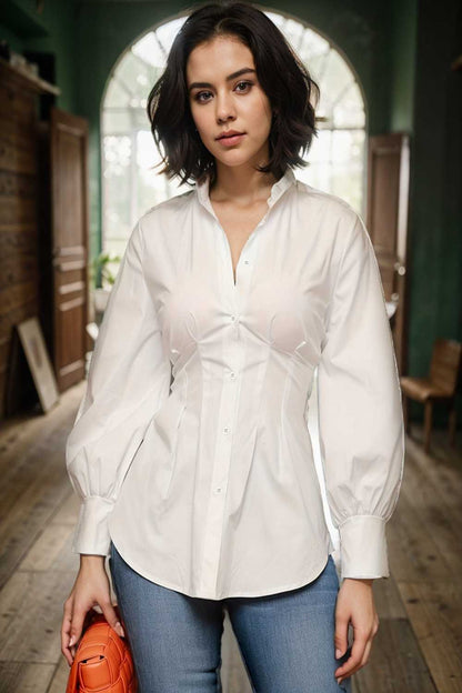 plus size casual blouse women s plus solid button up lantern sleeve turn down collar nipped waist blouse 112423