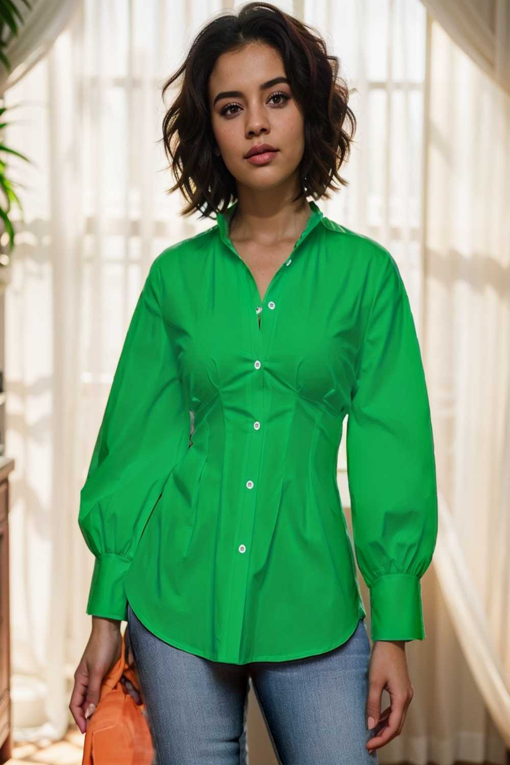 plus size casual blouse women s plus solid button up lantern sleeve turn down collar nipped waist blouse 108549