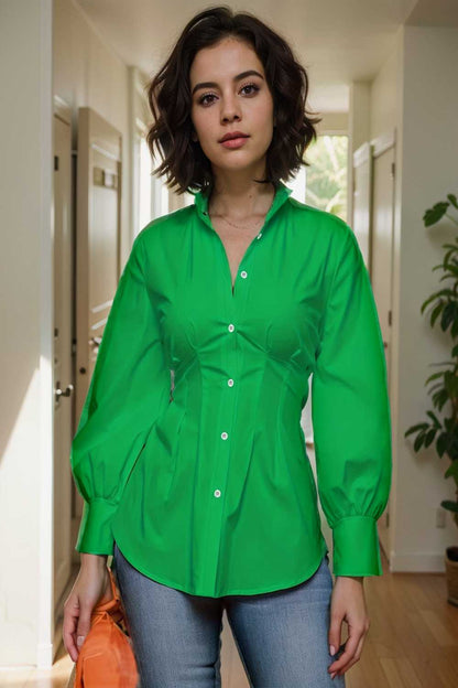 plus size casual blouse women s plus solid button up lantern sleeve turn down collar nipped waist blouse 108547