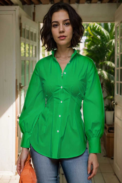 plus size casual blouse women s plus solid button up lantern sleeve turn down collar nipped waist blouse 111459