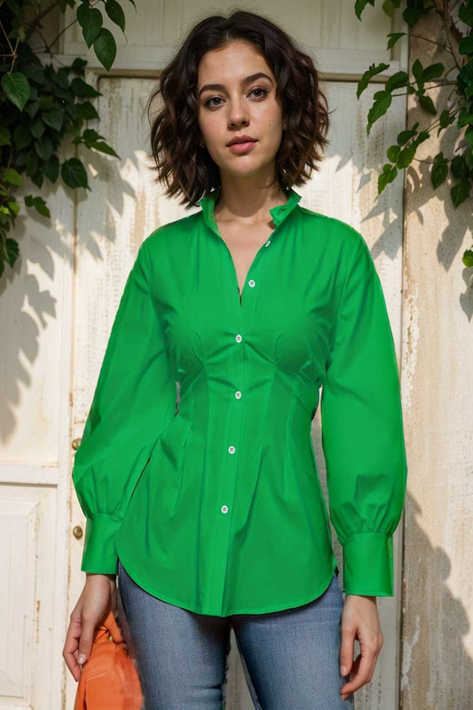 plus size casual blouse women s plus solid button up lantern sleeve turn down collar nipped waist blouse 111458
