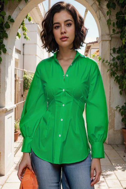 plus size casual blouse women s plus solid button up lantern sleeve turn down collar nipped waist blouse 108541