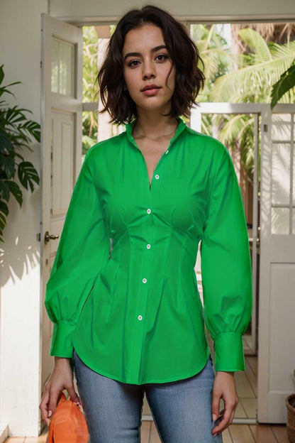 plus size casual blouse women s plus solid button up lantern sleeve turn down collar nipped waist blouse 108540