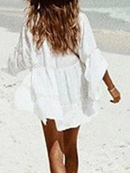 Women's White Dress Lace Dress Shirt Dress Mini Dress Cotton Ruffle Button Vacation Beach Streetwear Shirt Collar Long Sleeve White Color