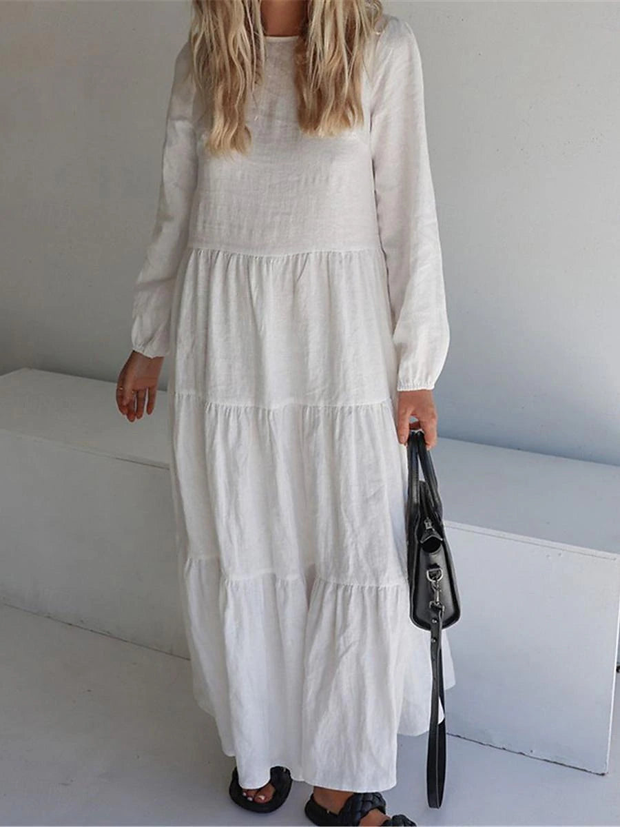 Women's White Dress Casual Dress Cotton Linen Dress Maxi long Dress Ruffle Basic Daily Crew Neck Long Sleeve Summer Spring Black White Plain