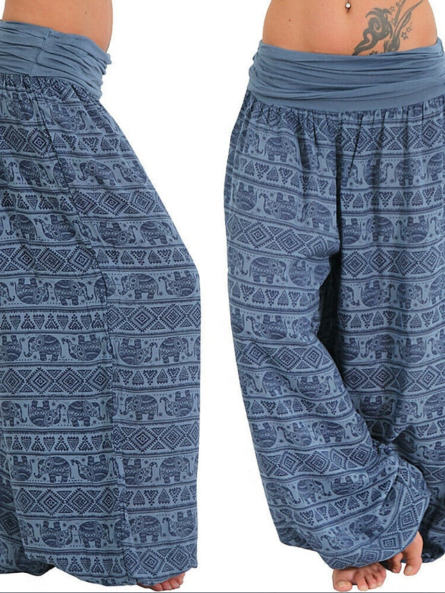 Womenâ€˜s Harem Pants Wide Leg Fold Over Waist Palazzo Bohemia Zumba Belly Dance Yoga Bloomers Bottoms Elephant Hippie Boho Navy ArmyGreen White Plus Size Sports Activewear - LuckyFash™