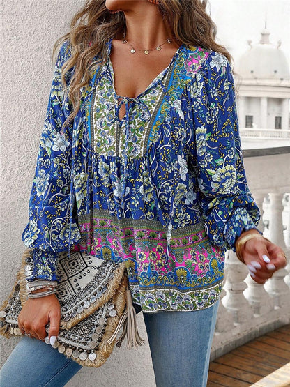 Women's Shirt Blouse Floral Vacation Beach Lace up Print Pink Long Sleeve Casual Boho V Neck Summer