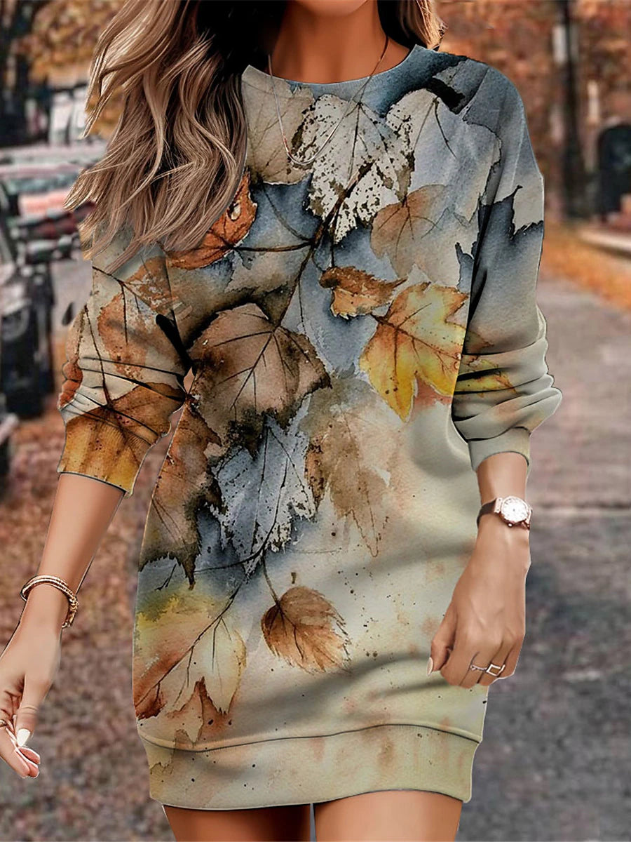 Women's Sweatshirt Dress Casual Dress Mini Dress Warm Fashion Outdoor Vacation Going out Crew Neck Print Leaf Animal Cow Regular Fit Yellow Blue khaki S M L XL XXL