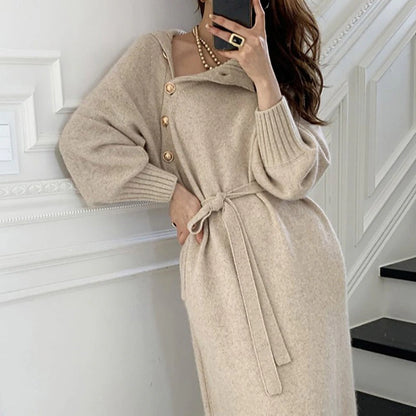 Women's Sweater Dress Jumper Dress Winter Dress Knee Length Dress Knitwear Stylish Mature Pure Color Outdoor Winter Dress Holiday Weekend Turtleneck Long Sleeve Tie Front Button Knit 2023 Loose Fit