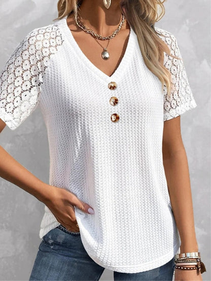 Women's Pullover Sweater Jumper Jumper Waffle Knit Button Lace Trims Pure Color V Neck Stylish Casual Outdoor Daily Summer Spring White S M L - LuckyFash™