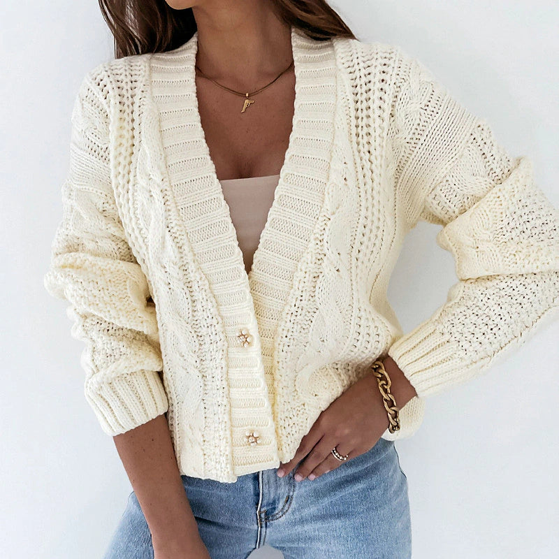 Women's Sweater Cardigan Sweater V Neck Cable Crochet Knit Cotton Acrylic Knitted Hole Drop Shoulder Fall Winter Cropped Casual Daily Wear Stylish Long Sleeve Solid Color White Yellow Purple One-Size