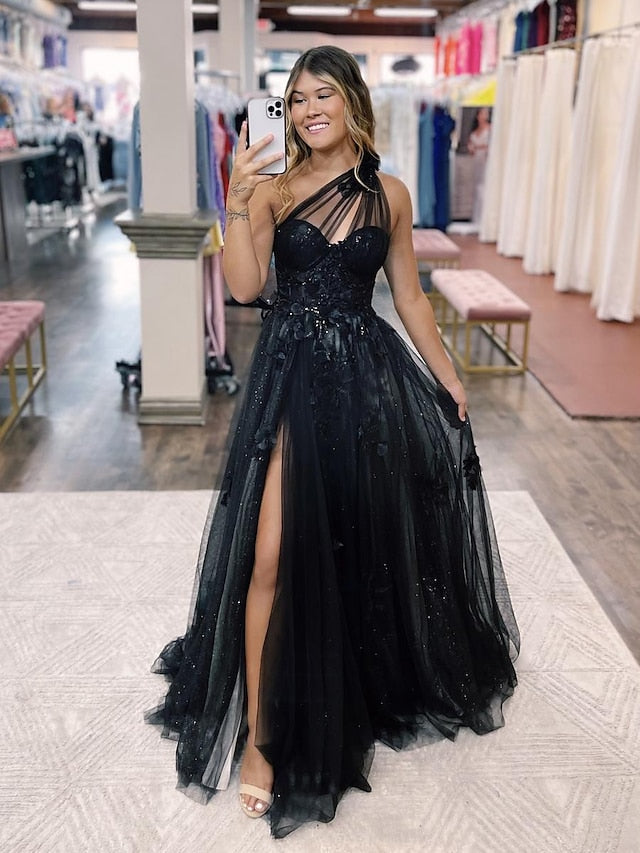 A-Line Prom Dresses Color Block Dress Formal Sweep / Brush Train Sleeveless One Shoulder Tulle Backless with Pleats Appliques 2023 - LuckyFash™