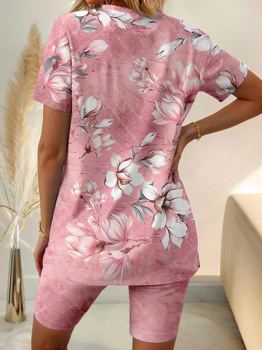 Women's T shirt Tee Shorts Sets Floral Casual Daily Print Pink Short Sleeve Fashion V Neck Summer