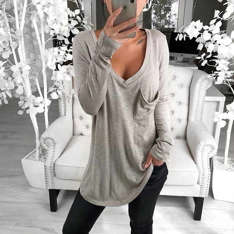 Women's T shirt Tee Tunic Black White Pink Solid Colored Pocket Long Sleeve Casual Daily Basic V Neck Regular Loose Fit S