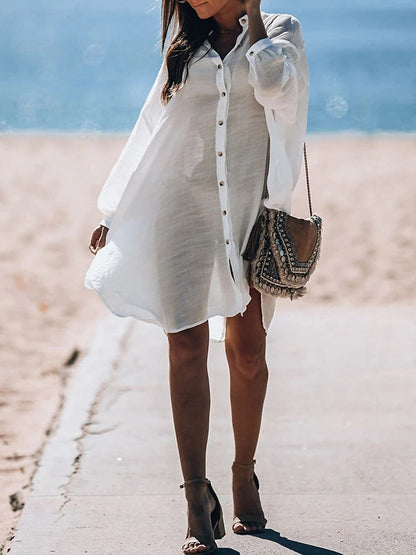 Women's White Dress Cover Up Beach Wear Midi Dress Button Basic Classic Plain Stand Collar Long Sleeve Loose Fit Outdoor Daily White 2023 Summer Spring One Size