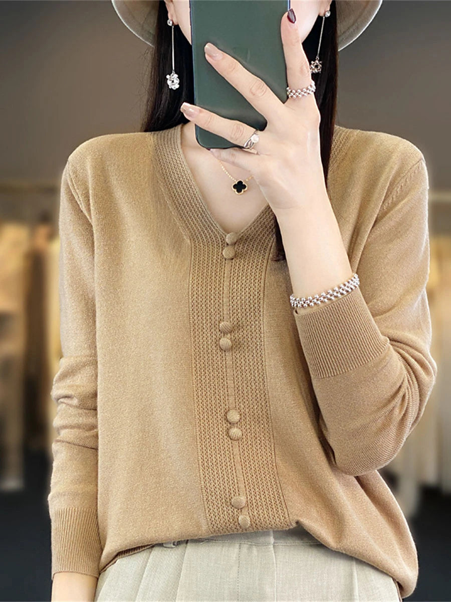 Women's Pullover Sweater Jumper V Neck Ribbed Knit Cotton Button Fall Winter Short Daily Going out Weekend Stylish Casual Soft Long Sleeve Solid Color Golden camel GH purple GH camel S M L