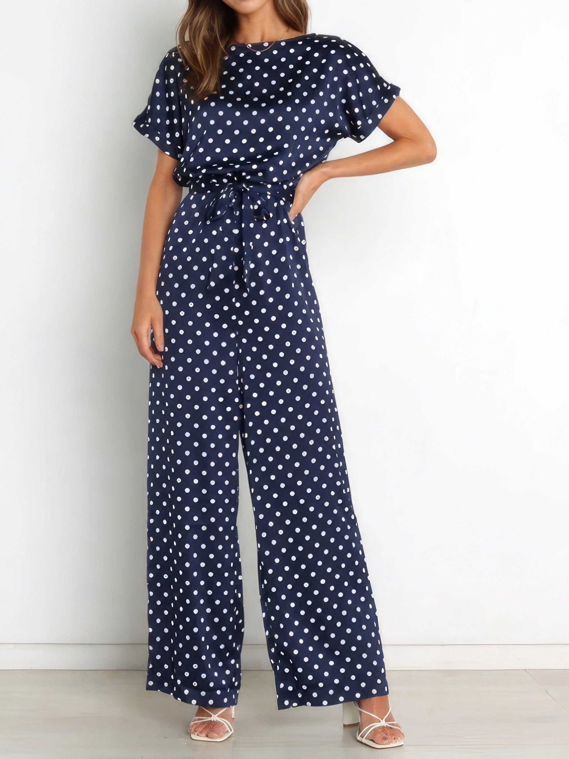 Polka Dot Print Belted Short Sleeve Jumpsuit