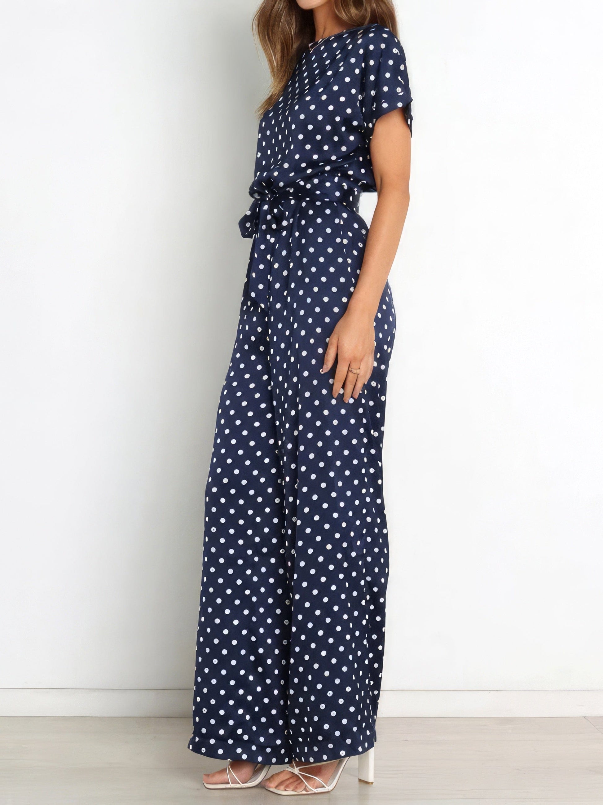 Polka Dot Print Belted Short Sleeve Jumpsuit