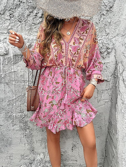 Women's Sundress A Line Dress Floral Drawstring Print V Neck Bishop Sleeve Mini Dress Elegant Tropical Valentine's Day Date Long Sleeve Summer Spring