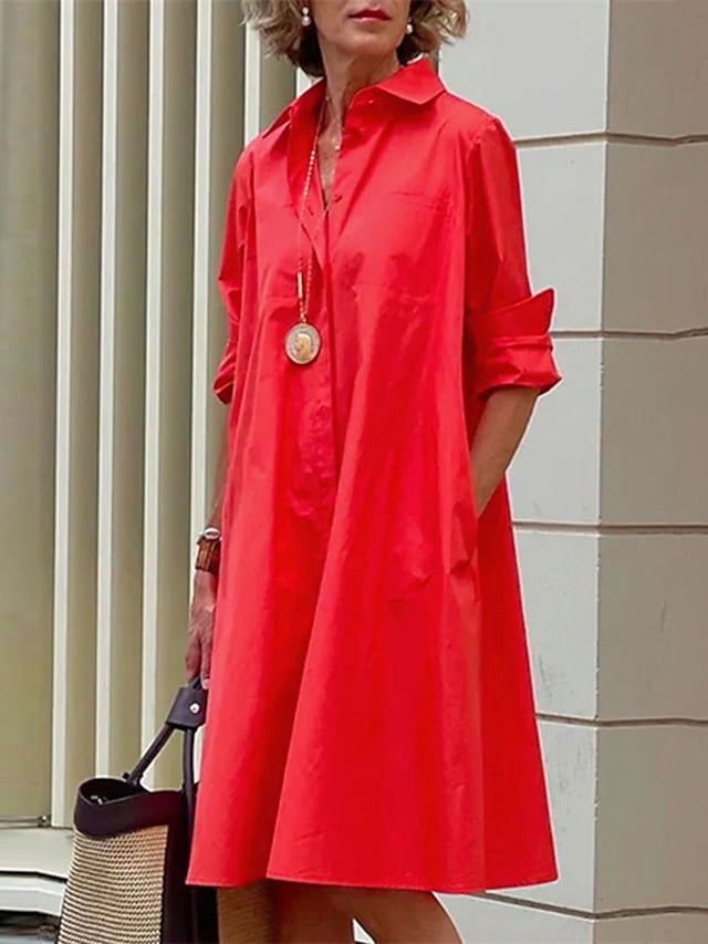 Women's Shirt Dress Casual Dress Shift Dress Midi Dress Outdoor Winter Dress Daily Polyester Elegant Casual Shirt Collar Pocket Rolled Cuff Long Sleeve Summer Winter Fall Spring 2023 Loose Fit Red - LuckyFash™