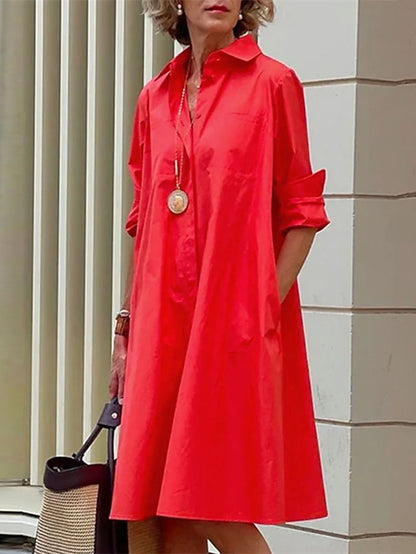 Women's Shirt Dress Casual Dress Shift Dress Midi Dress Outdoor Winter Dress Daily Polyester Elegant Casual Shirt Collar Pocket Rolled Cuff Long Sleeve Summer Winter Fall Spring 2023 Loose Fit Red - LuckyFash™