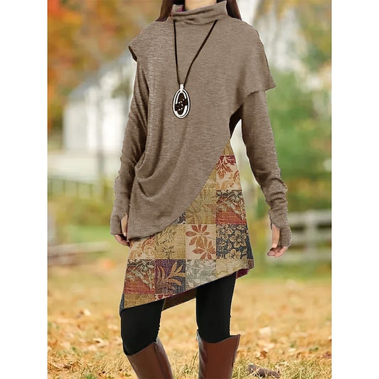 Women's Casual Dress Shift Dress Floral Leaf Patchwork Cowl Neck Mini Dress Vintage Ethnic Daily Long Sleeve Fall Winter