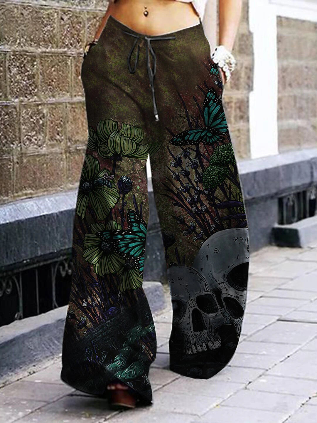 Women's Wide Leg Normal Polyester Skull Flower / Floral Black Green Gray Green Streetwear Mid Waist Short Office Halloween Summer Spring &  Fall