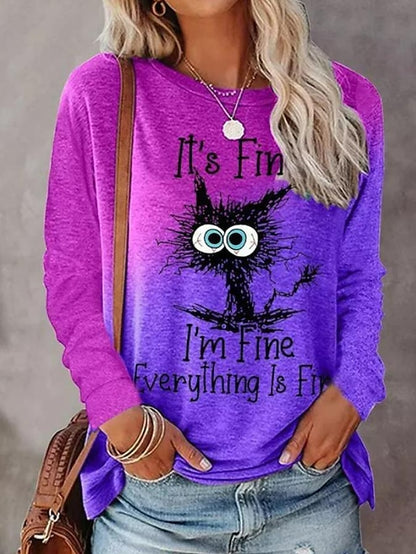 Women's T shirt Tee Pink Purple Orange Graphic Color Gradient Print Long Sleeve Casual Weekend Cartoon Round Neck Regular I'm Fine Painting Plus Size S - LuckyFash™