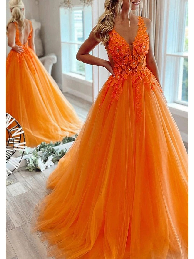 A-Line Prom Dresses Open Back Dress Formal Floor Length Sleeveless V Neck Tulle Backless with Pleats Beading Appliques 2023 - LuckyFash™