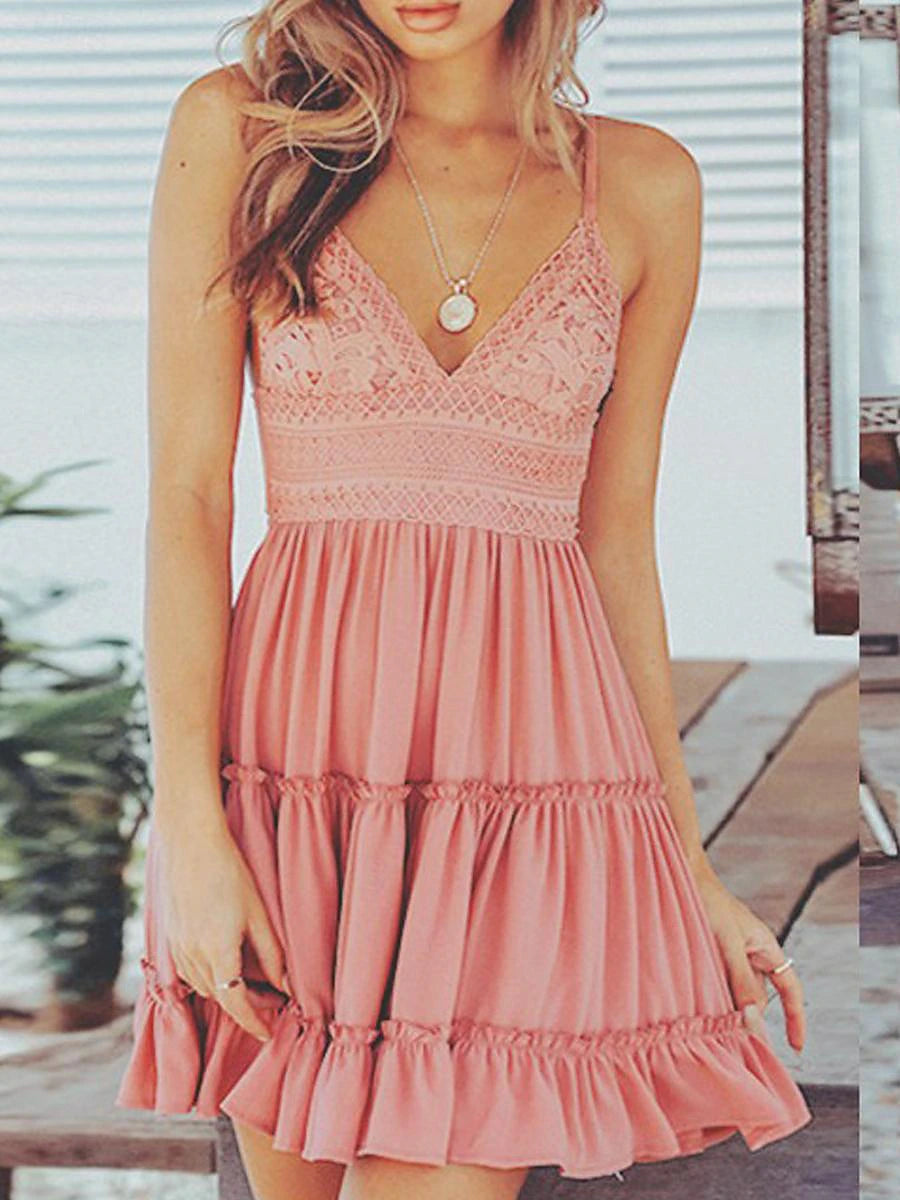 Women's White Dress Lace Dress Casual Dress Mini Dress Lace Ruffle Date Vacation Streetwear Sexy Strap Sleeveless White Pink Color