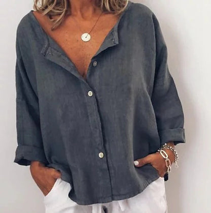 Women's Shirt Blouse Long Cotton Top Linen Plain Casual Daily Button Army Green Long Sleeve Daily Basic V Neck Fall & Winter