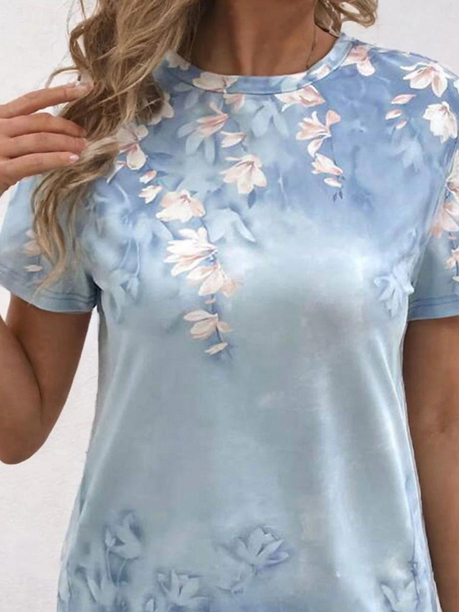 Women's T shirt Tee Floral Daily Blue Short Sleeve Stylish Casual Crew Neck Summer