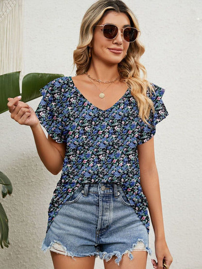 Print V-Neck Double Layer Ruffle Sleeve Loose T-Shirt