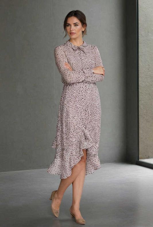 printed botanical floral leopard print v neck ruffle skirt dress 145384